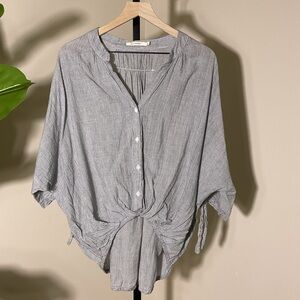 Ellison Striped Tie Front Blouse Oversized Boho Top Gray White large